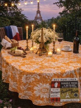 Parisian Prints Pure Linen oval tablecloth vintage daisies USA orange white new
